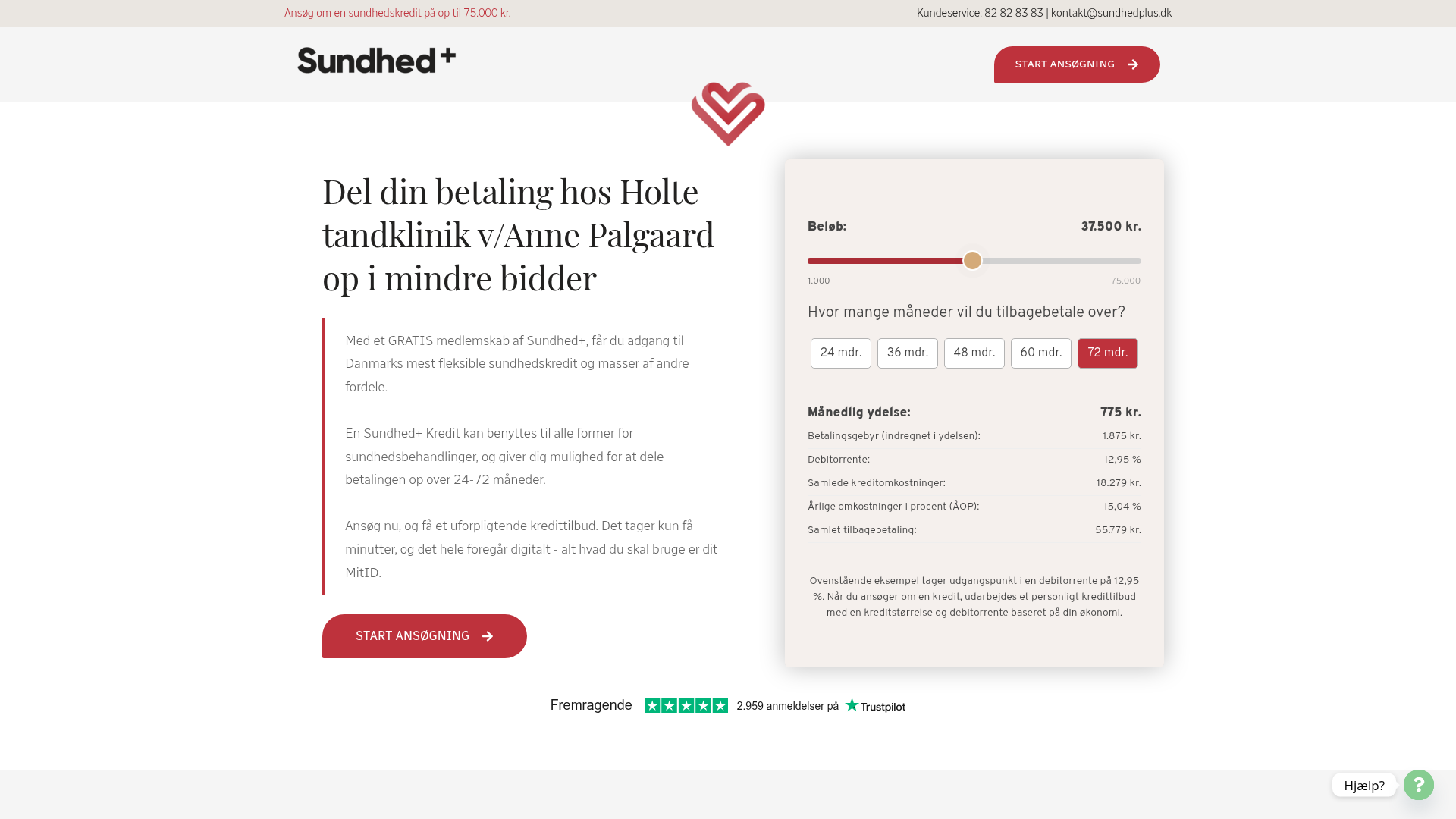 Skærmbillede af Sundhed+ siden, hvor betalingen hos Holte Tandklinik kan deles op