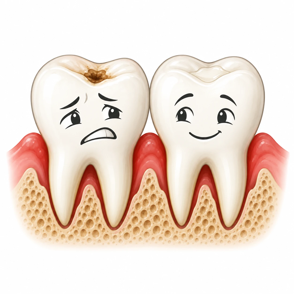 Illustration af caries og plastfyldninger i holte